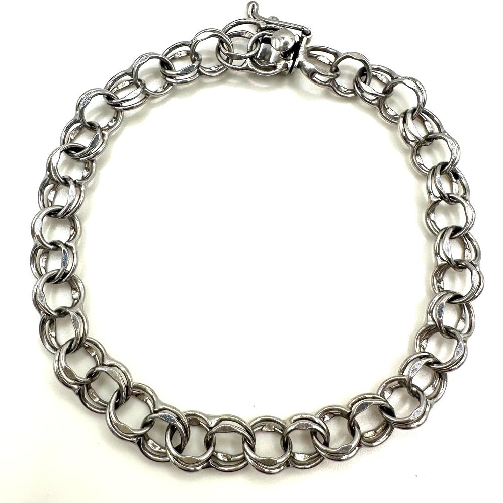 Vintage 925 sterling silver double link chain starter charm bracelet 7.25"